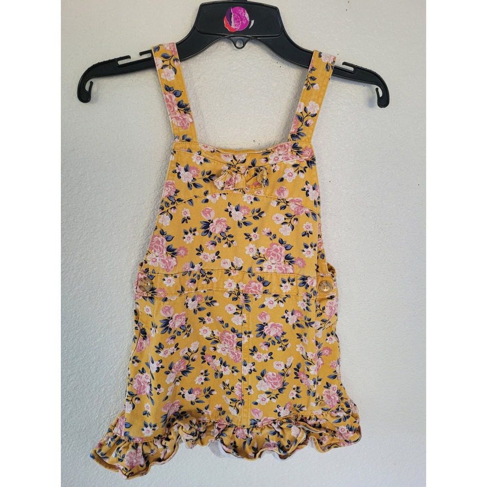 Girls Mustard Yellow Floral Denim Pinafore Ruffle Dress‎ Overall Pockets 6 #5